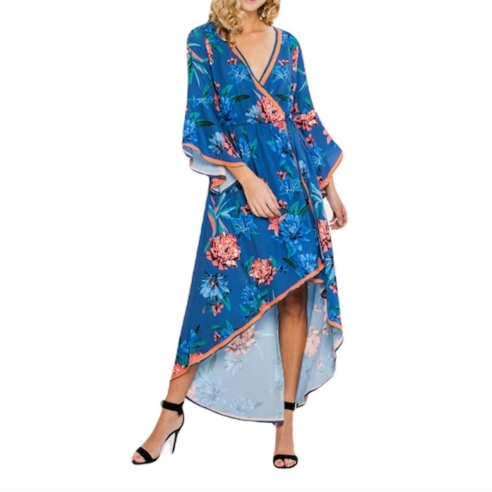 Flying Tomato Women's Floral Formal High-Low Wrap Summer Dress size Small.